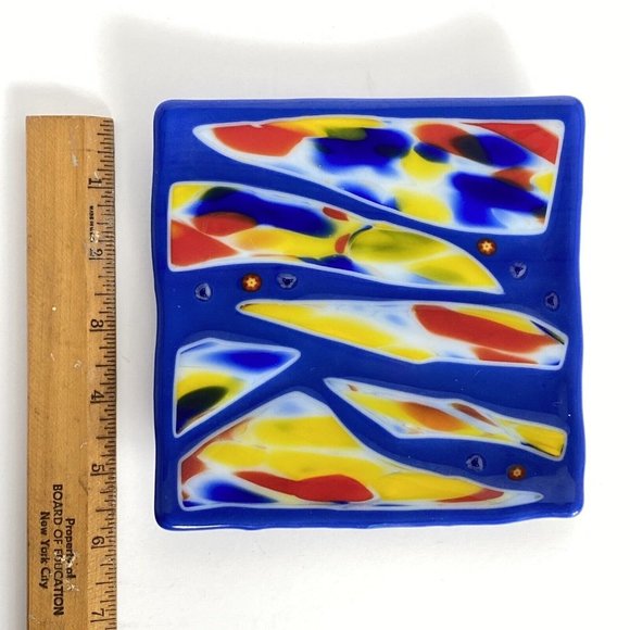 Handmade Fused Art Glass Trinket Tray Ring Dish Catch All Red Yellow Blue 6x6 - Picture 11 of 12